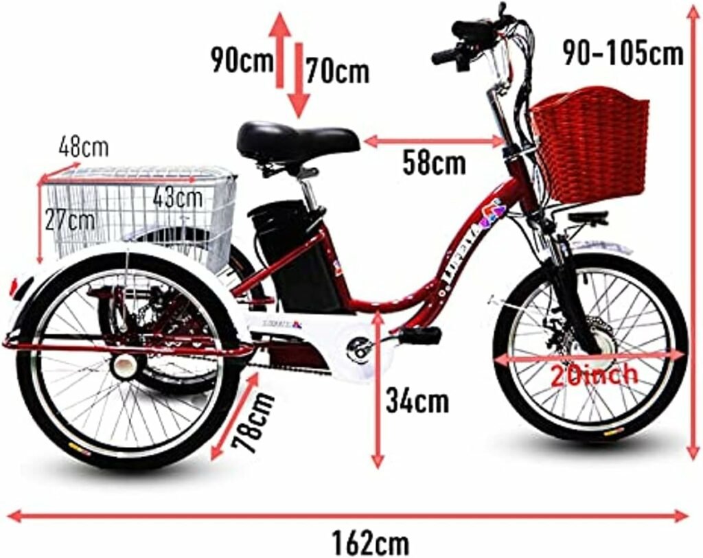 20 Inch Tricycle For Adults, Electric Trike Cargo Bike With Basket For Men Seniors, Adjustable THREE-Wheeled Cruiser Bicycle For Shopping Cycling,Removable lithium battery