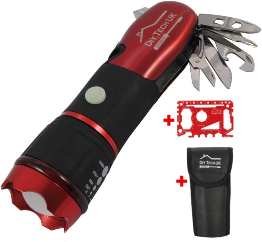 DIY TECH UK - IncrediBeam Multitool 15 in 1 Pocket Torch + Free 48 in 1 Wallet Tool - Latest Super-Bright LED - 300m Long Range - Anti-Slip - Extra Strong High Carbon Stainless Steel - Burgundy Red