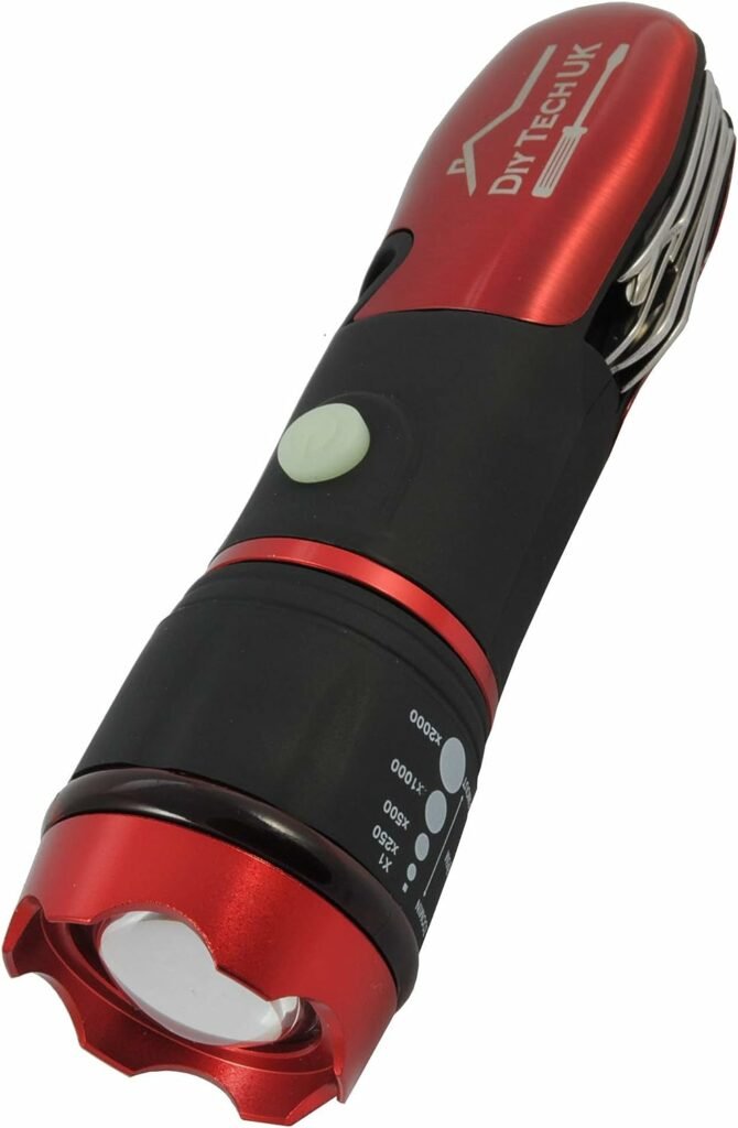 DIY TECH UK - IncrediBeam Multitool 15 in 1 Pocket Torch + Free 48 in 1 Wallet Tool - Latest Super-Bright LED - 300m Long Range - Anti-Slip - Extra Strong High Carbon Stainless Steel - Burgundy Red