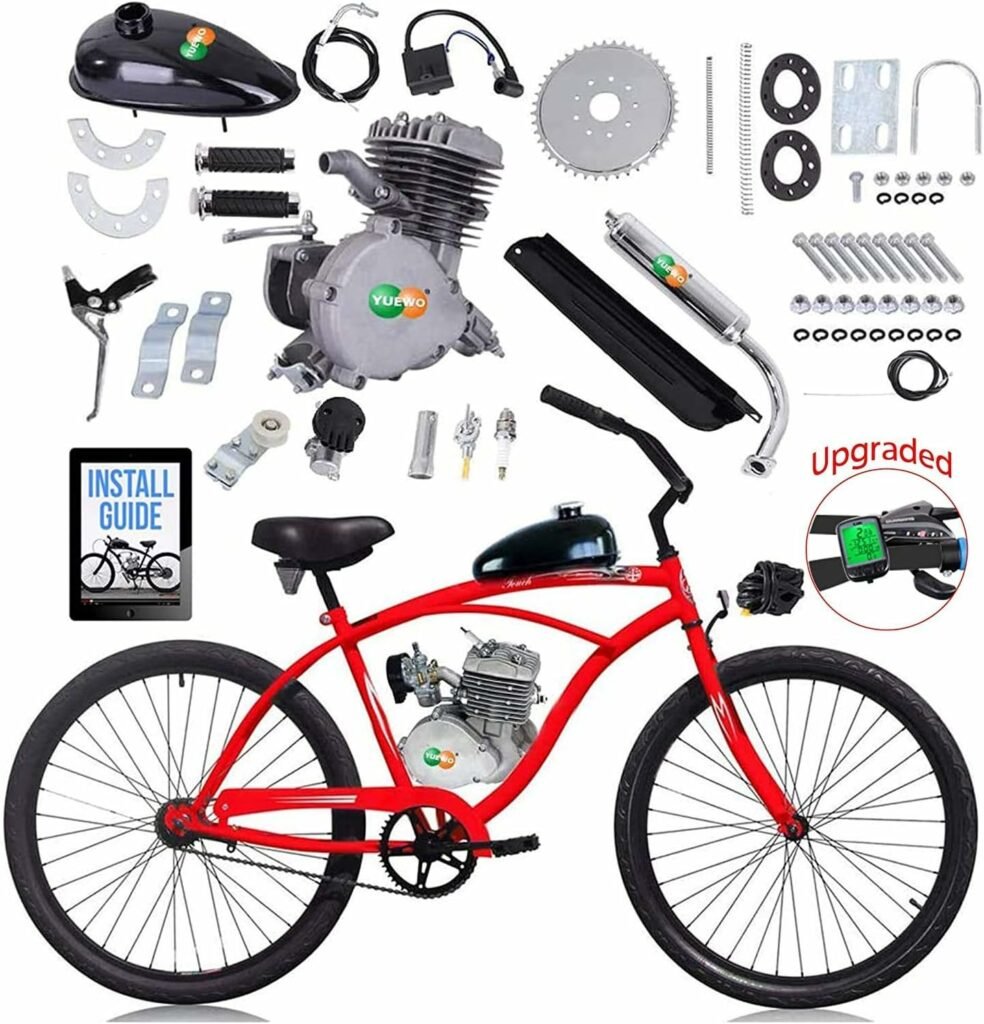 Fayelong 80cc 2-Stroke Upgrade Electric Bike Conversion Kit, DIY Petrol Gas Engine Bicycle Motor Kit Set for 24, 26 and 28 Bikes (Silver,with speedometer)