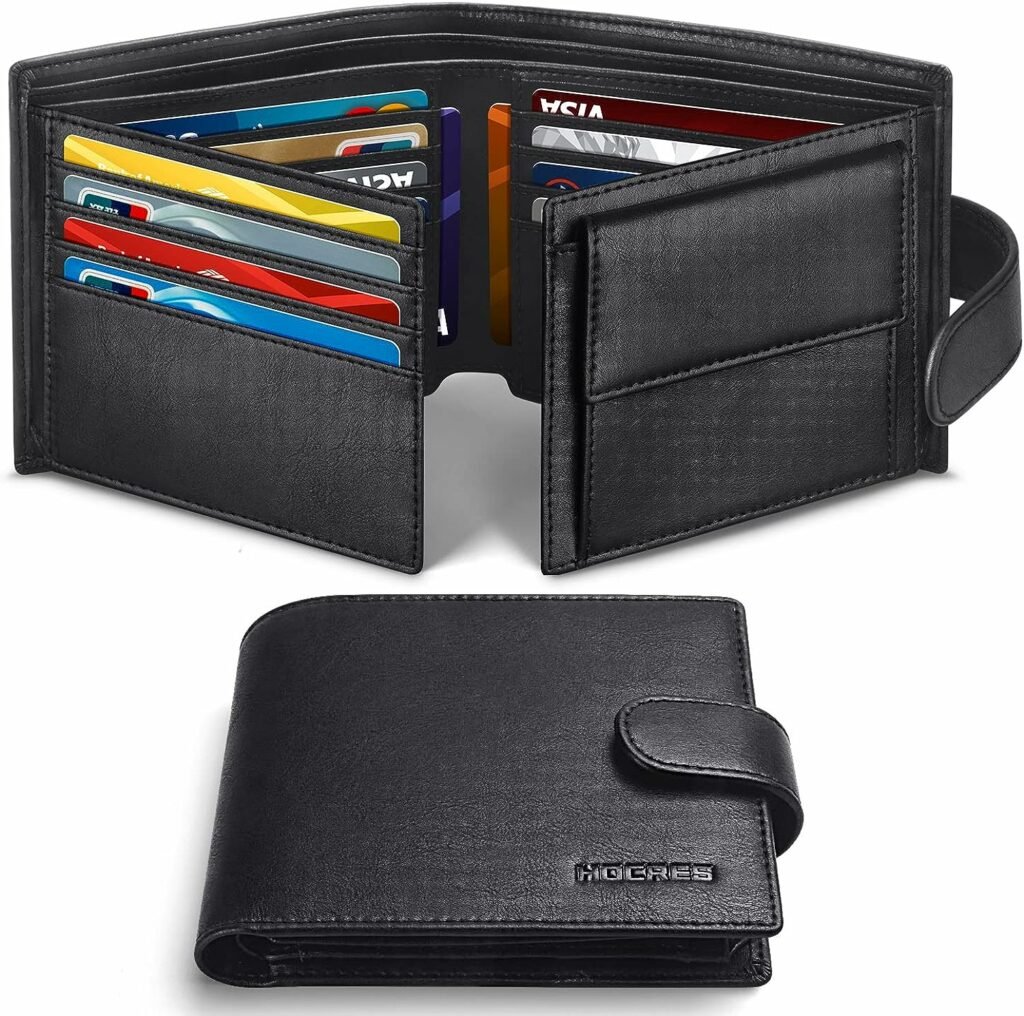 HOCRES® Wallets with Gift Box for Men, Minimalist, RFID Blocking, Leather Wallet with 14 Credit Card Holders, 2 Banknote Compartments, 2 ID Window