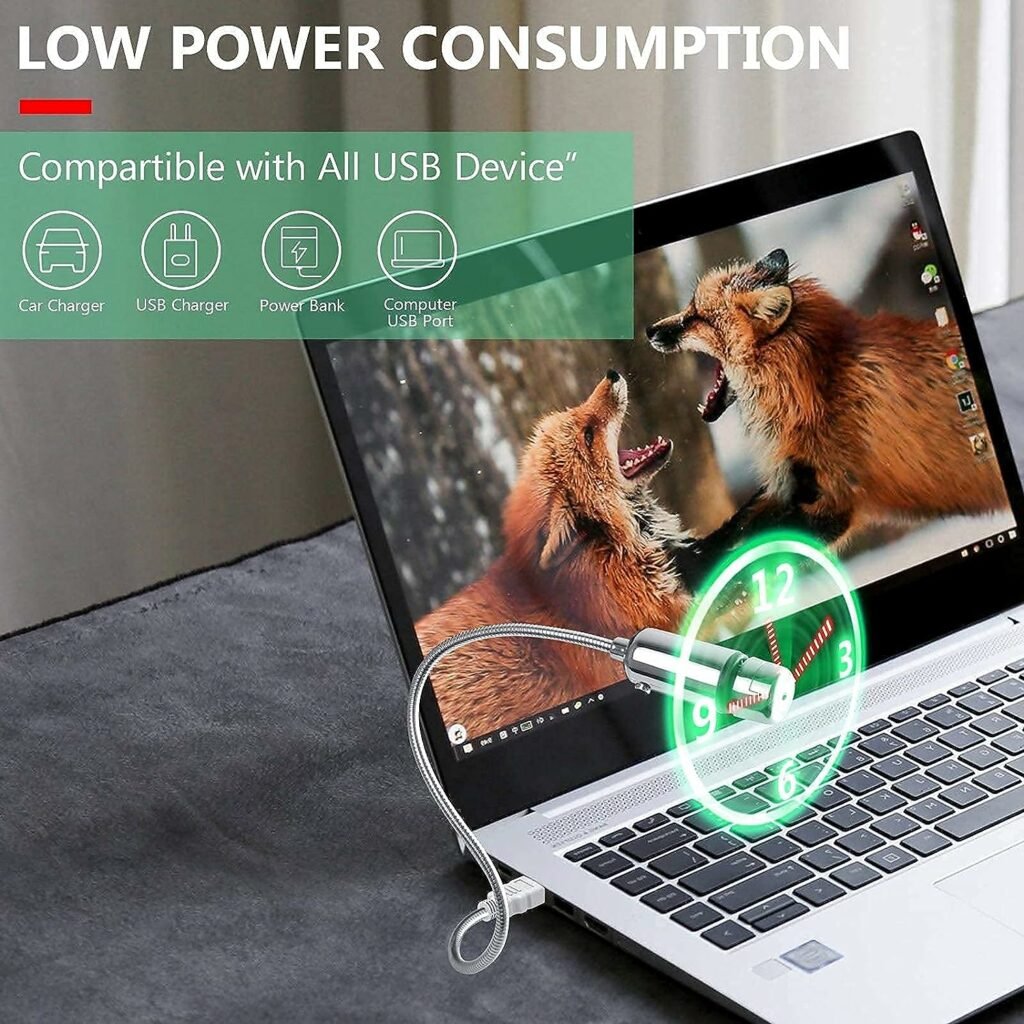 huiheng USB LED Fan, Mini LED Clock Fan with Flexible Gooseneck, Personal Silent Laptop Fan USB Powered for Home Office