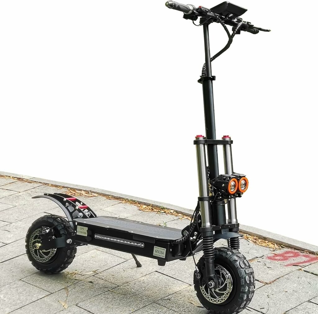 HWWH Offroad Electric Scooter Adult Fast Folding E Scooters High Power Dual Motor Twist Grip Throttle 11 All Terrain Tubeless Vacuum Tire Dual Suspension Disc Brake 60V 38Ah Lithium Battery