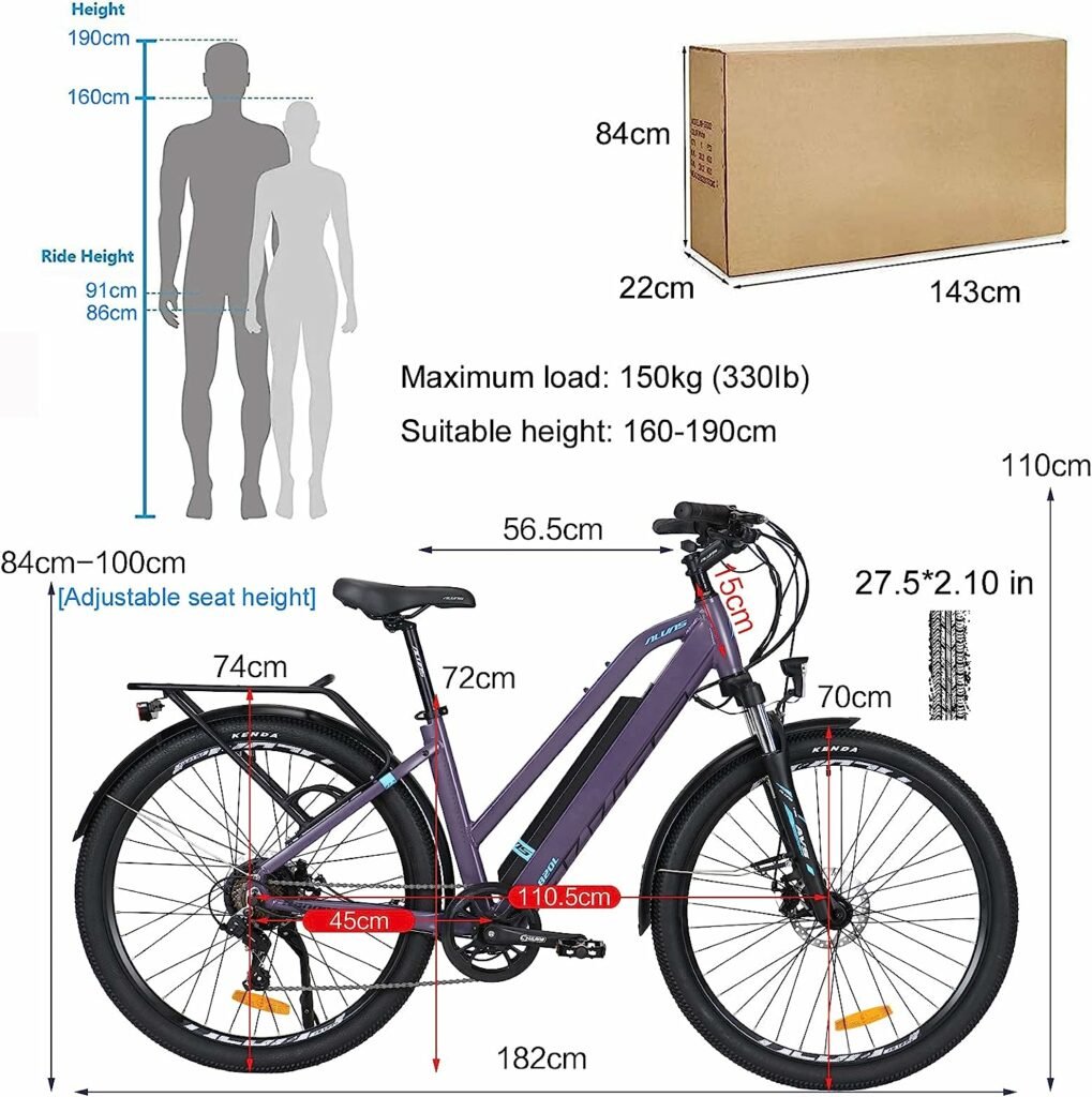 Hyuhome Electric Bikes for Adult Mens Women,27.5 Ebikes Bicycles Full Terrain 36V 12.5Ah Mountain E-MTB Bicycle,Shimano 7 Speed Double Disc Brakes for Outdoor Commuter (Purple, 820L+)