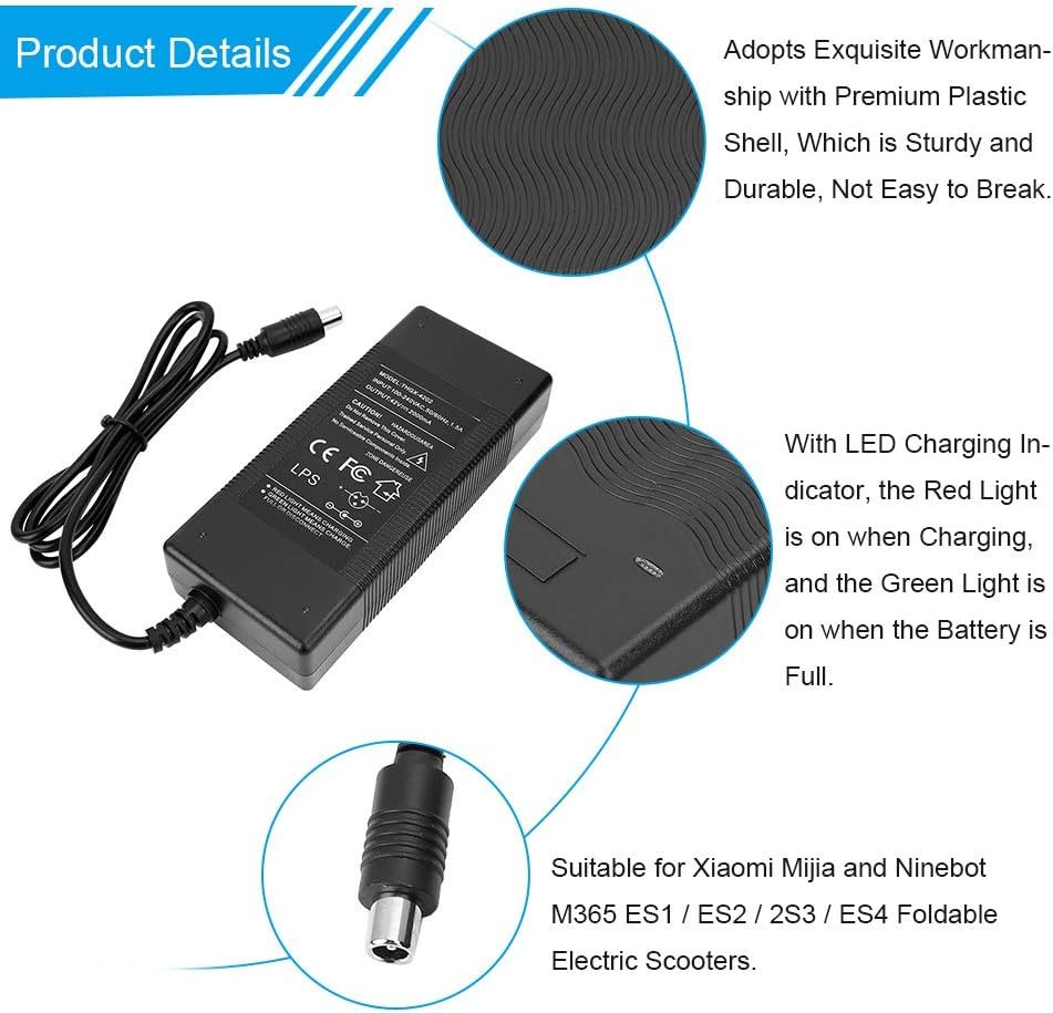 Keenso Electric Scooter Charger, 42V 2A Electric Scooter Battery Charger Adapter for M365 ES1 / ES2 / 2S3 / ES4 Foldable Electric Scooters