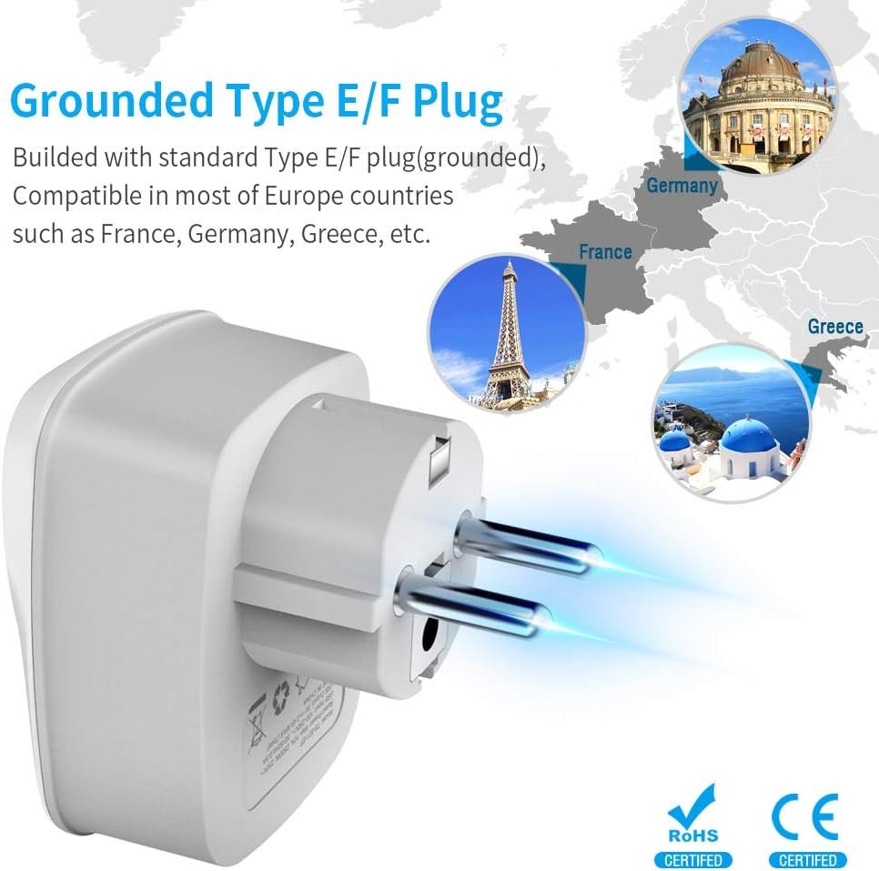 UK to European Travel Adapter 2 Pack, Schuko Grounded Euro EU Plug Adapter with 2 USB Ports for Most of Europe Spain Germany France Iceland Poland Russia and More (Type E/F)